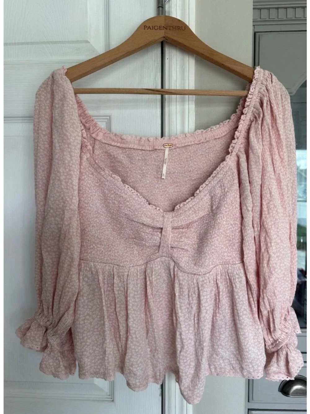 Free People XL Pink Brittnee Print Smocked Peplum Top Boho Coquette Feminine